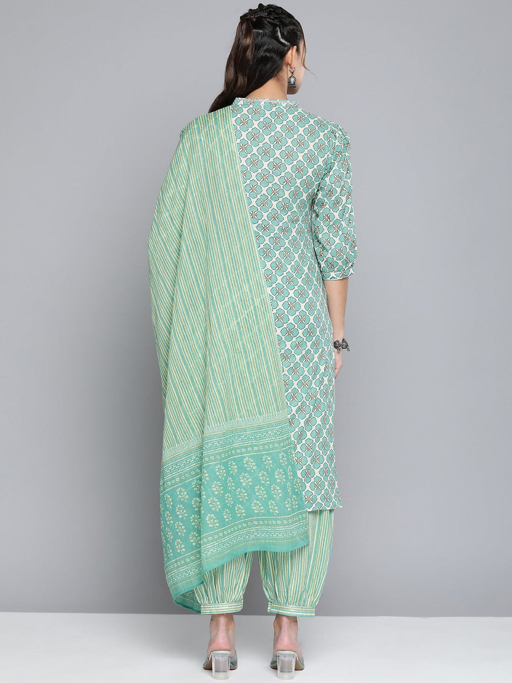 HERE&NOW Women Off White Ethnic Motifs Printed Pure Cotton Kurta with Palazzos & With Dupatta
