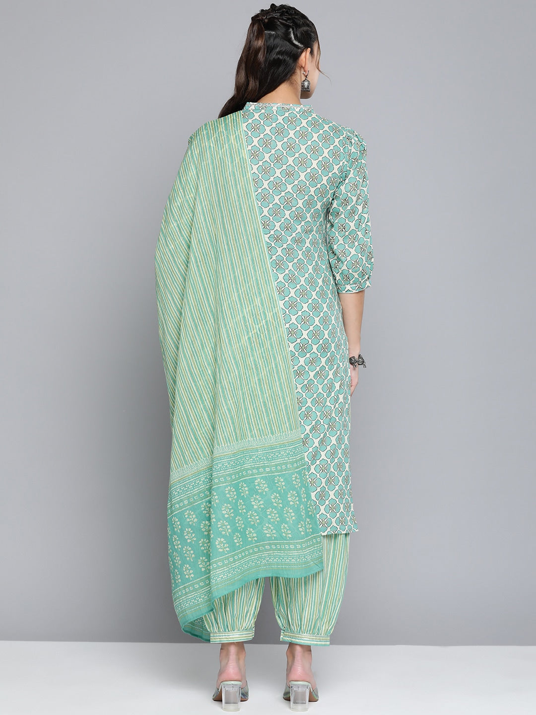 HERE&NOW Women Off White Ethnic Motifs Printed Pure Cotton Kurta with Palazzos & With Dupatta