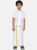 Sethukrishna Boys White & Gold-Toned Pure Cotton Solid Shirt and Veshti Set