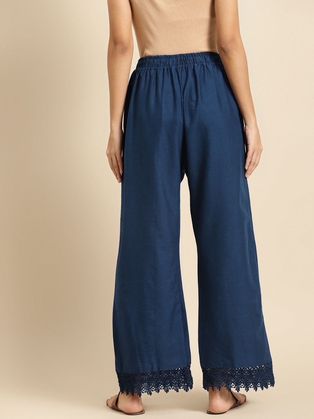 TAG 7 Women Navy Blue Hem Design Straight Palazzos