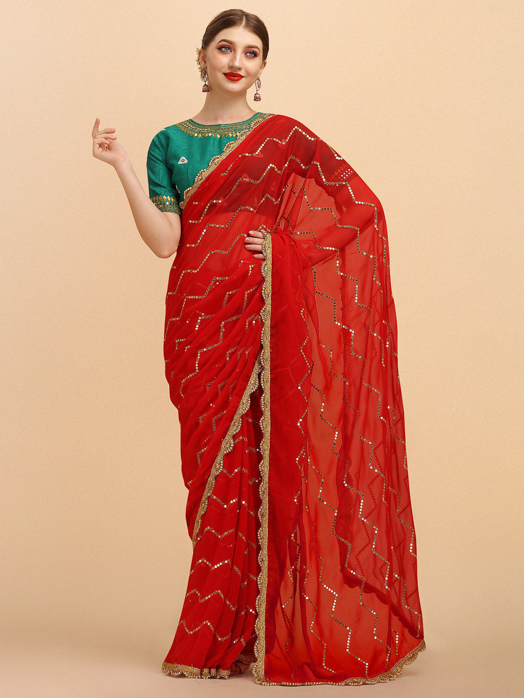 Sangria Red Embellished Sequinned Pure Georgette Saree - Distacart