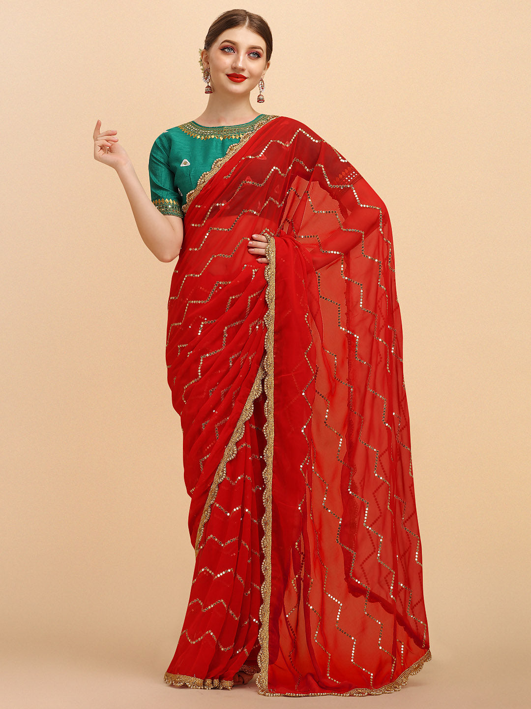 Sangria Red Embellished Sequinned Pure Georgette Saree - Distacart