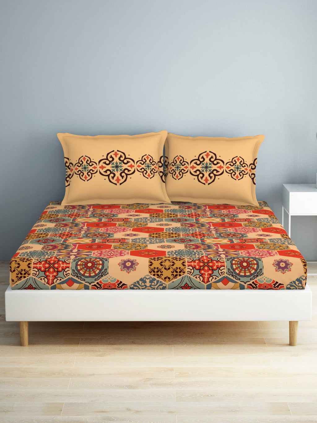SPACES Aurum Orange Ethnic Motifs Pure Cotton 140 TC Queen Bedsheet with 2 Pillow Covers