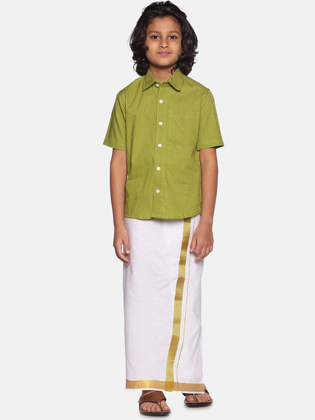 Sethukrishna Boys Green & White Solid Pure Cotton Shirt with Readymade Dhoti