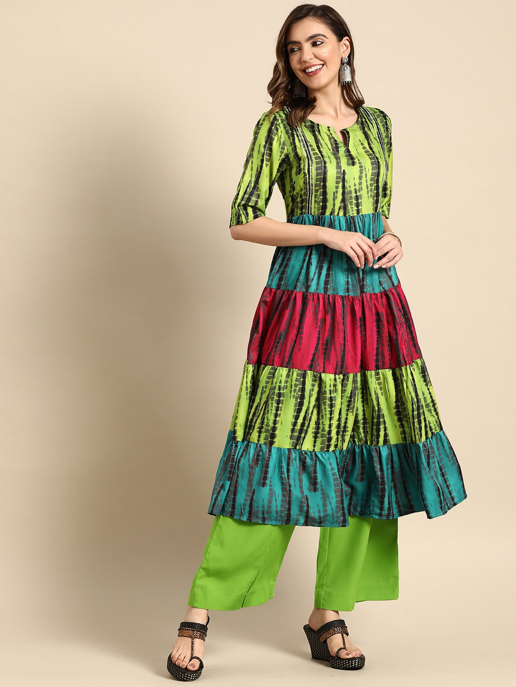 Sangria Women Green Dyed Tiered Kurta with Palazzos