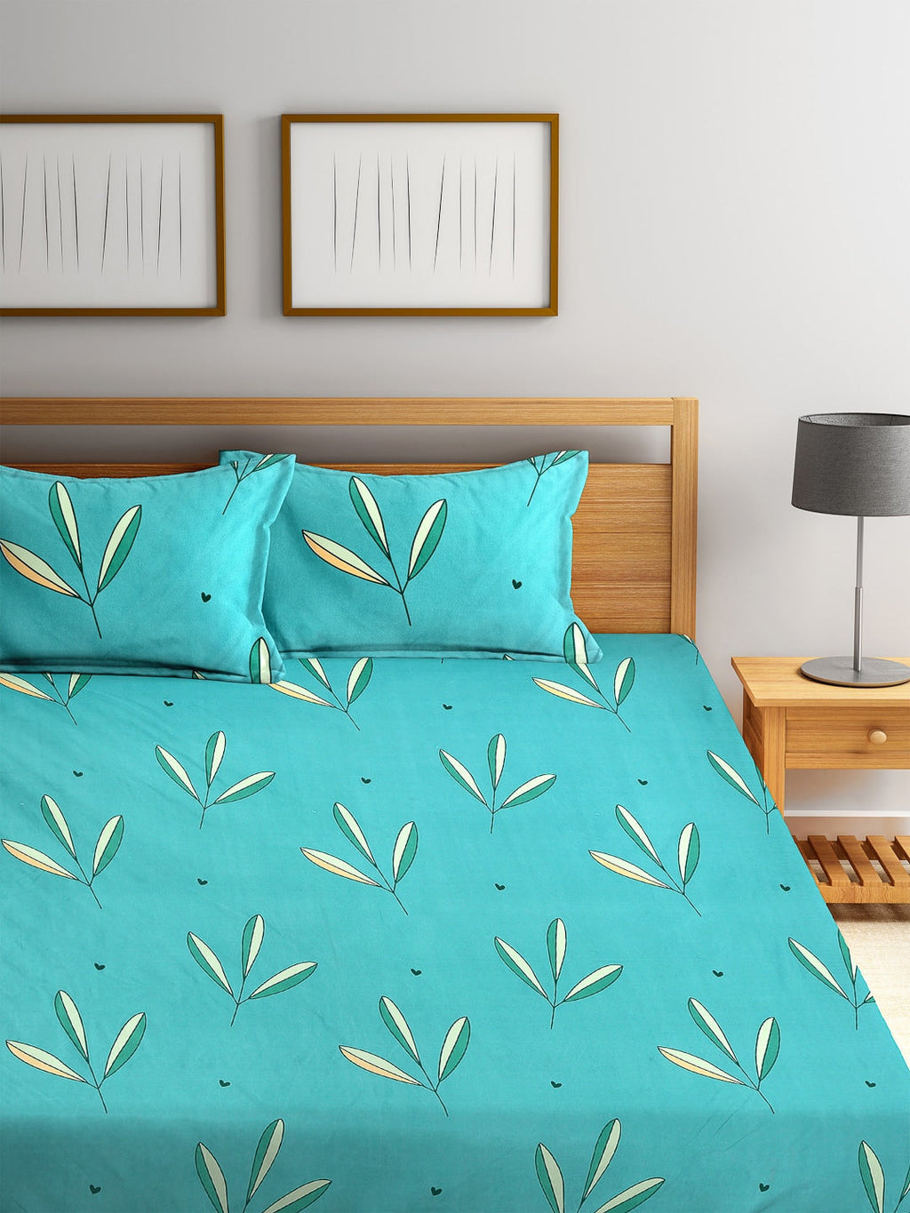 Home Sizzler Turquoise Blue & White Floral 144 TC Polyester 1 Queen Bedsheet with 2 Pillow Covers - Distacart