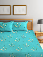 Home Sizzler Turquoise Blue & White Floral 144 TC Polyester 1 Queen Bedsheet with 2 Pillow Covers - Distacart