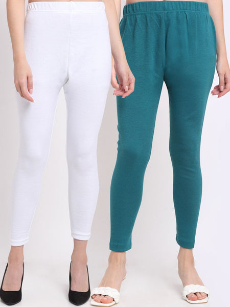 TAG 7 Women Pack Of 2 Solid Turquoise Blue & White Ankle Length Leggings