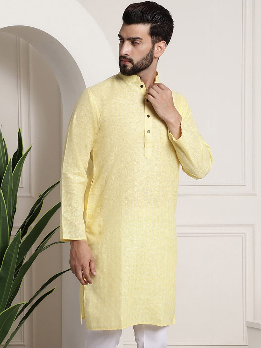 Sojanya Men Yellow Dobby Self-Checked Straight Kurta
