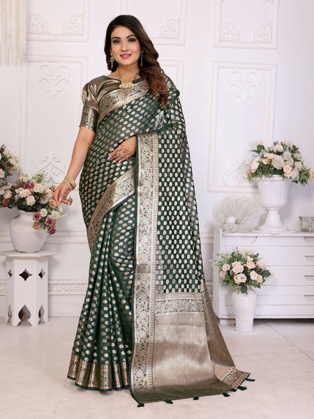 Aastha Fashion Dark Green Organza Silk Weaving Saree