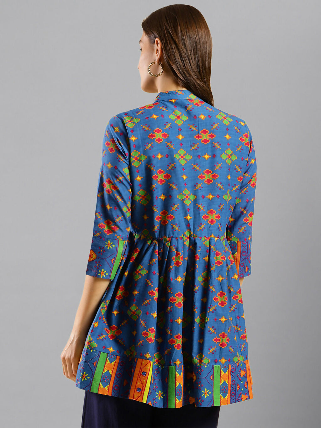 Women Blue & Green Pure Cotton Abstract Print Aline Top - Bosky