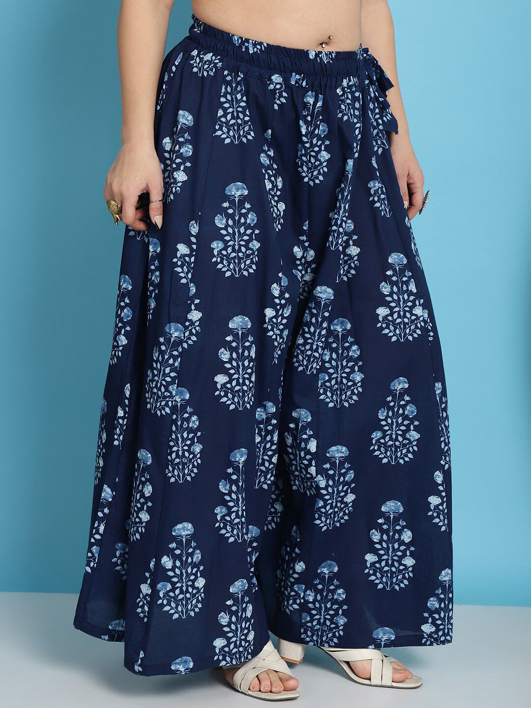 TAG 7 Plus Size Ethnic Motifs Block Printed Pure Cotton Flared Ethnic Palazzo