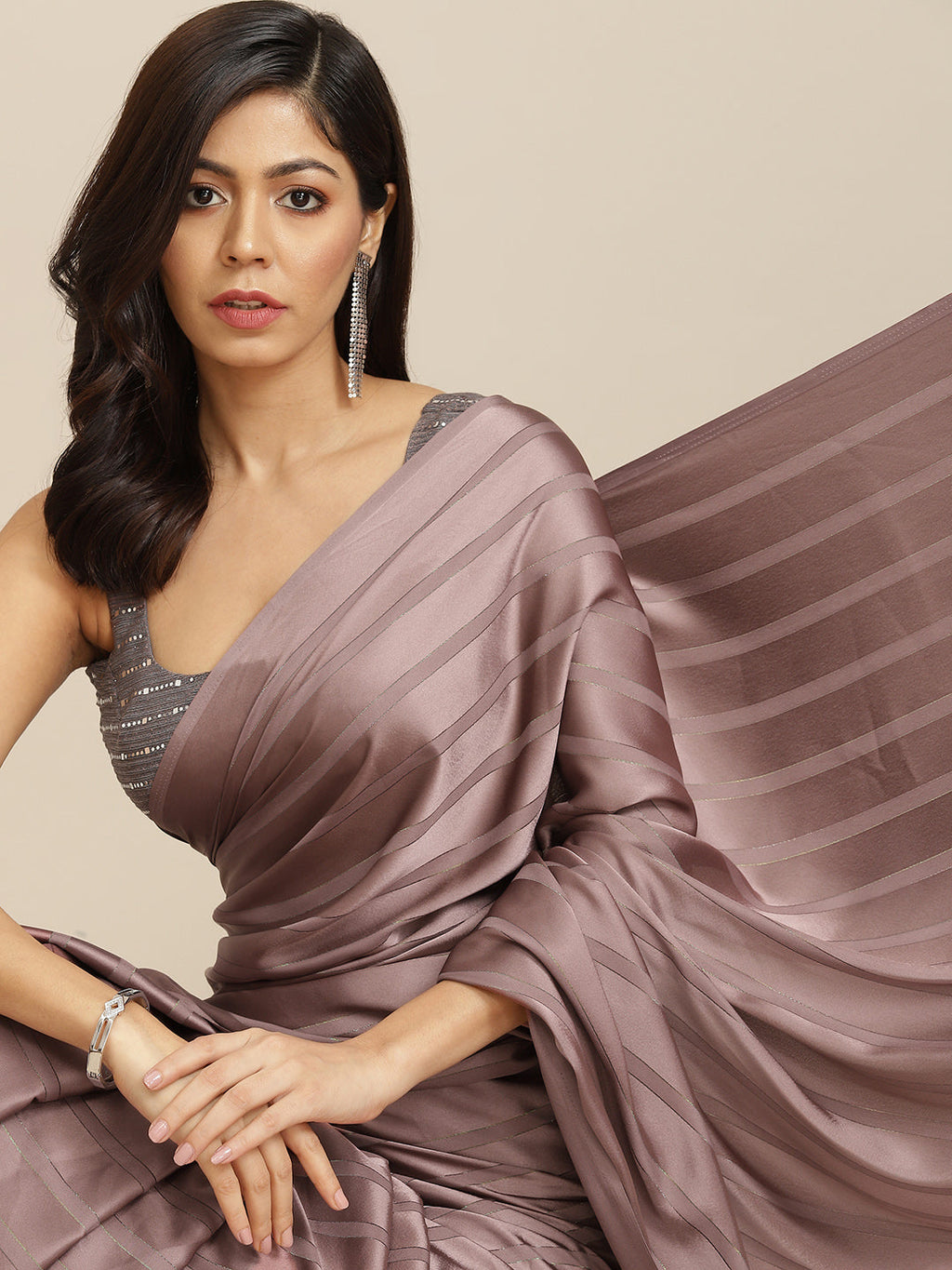 Tikhi Imli Gunmetal-Toned Striped Saree - Distacart