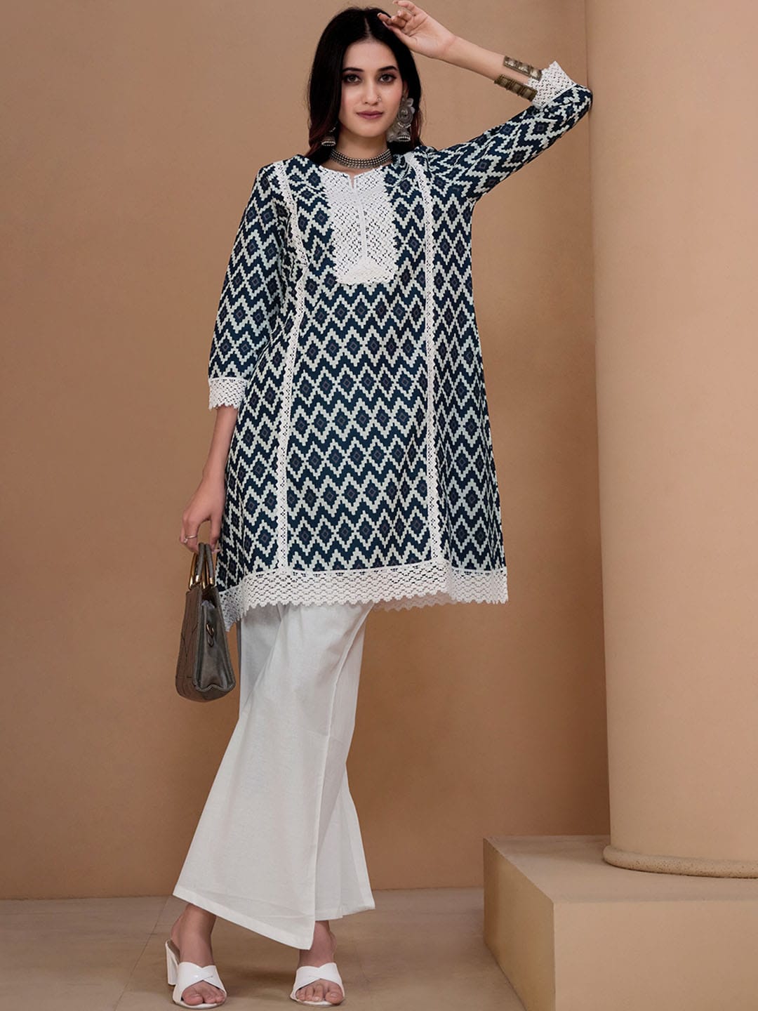 Sangria Navy Blue & White Geometric Printed Pure Cotton Kurta With Palazzos & Dupatta