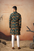 Peacock Oasis Nehru Jacket Set With Orange Hues by Hilo Design
