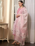 Sangria Mauve Embroidered Straight Pure Cotton Kurta With Trouser & Dupatta