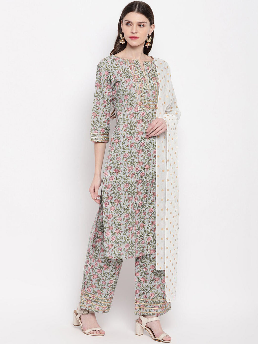 Janasya Multicoloured Printed Kurta with Palazzos & Dupatta - Distacart
