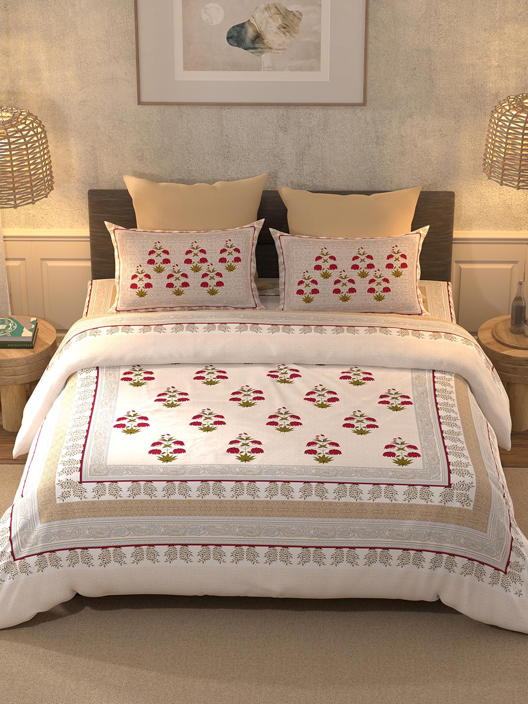 BELLA CASA Pink & Green Ethnic Motifs 350 TC Super King Bedsheet with 2 Pillow Covers