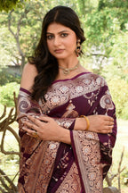 Joban Fashion Wine Banarasi Soft Pure Handloom Banarasi Silk Saree
