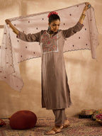 Indo Era Women Ethnic Motifs Embroidered Regular Thread Work Kurta with Trousers & With Dupatta - Distacart