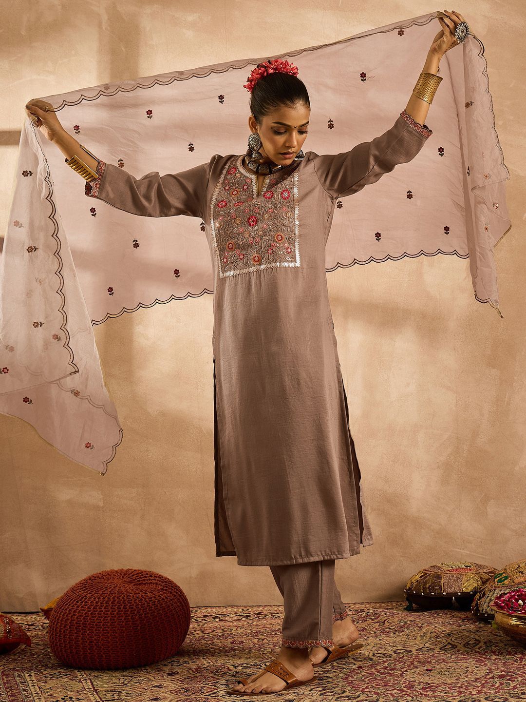 Indo Era Women Ethnic Motifs Embroidered Regular Thread Work Kurta with Trousers & With Dupatta - Distacart