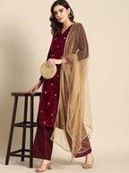All About You Women Velvet Finish Woven Design Regular Kurta with Palazzos & Dupatta