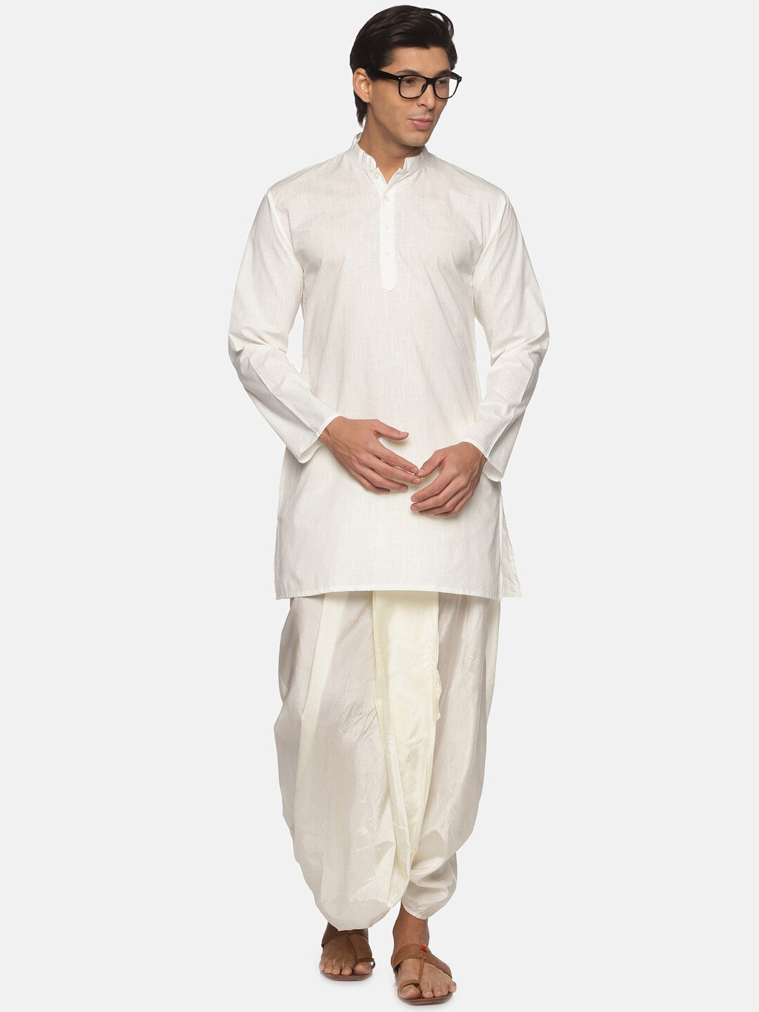 Sethukrishna Men Cream-Coloured Striped Pure Cotton Kurta with Dhoti Pants - Distacart