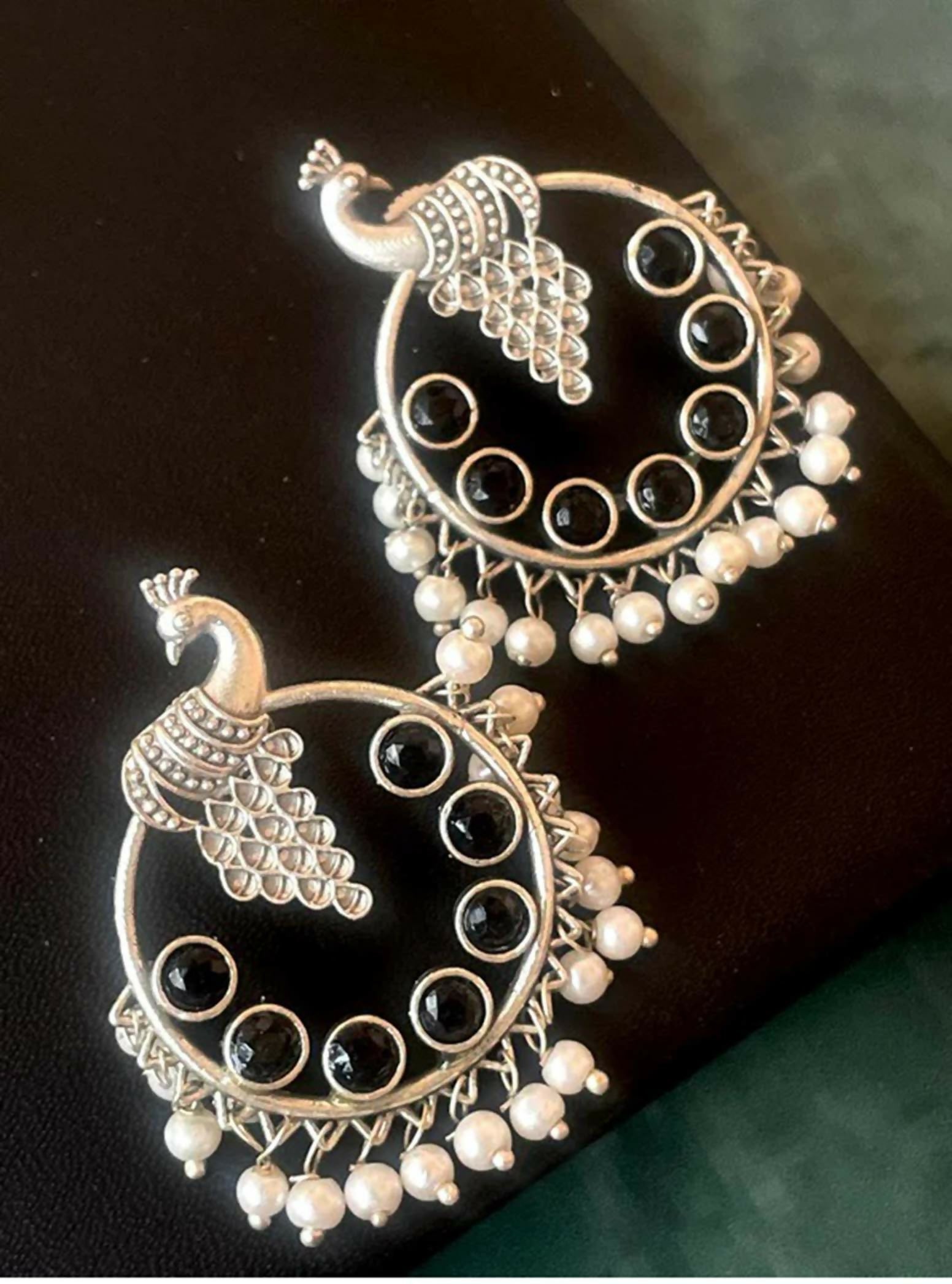 Joban Fashion Women Black Silver Replica Peacock Shape Monalisa Stone Beaded Round Earring - Distacart