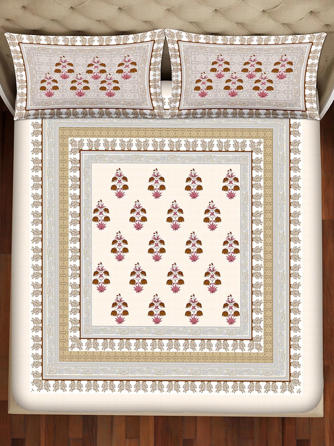 BELLA CASA Grey & Maroon Printed 350 TC Cotton King Bedsheet With 2 Pillow Covers