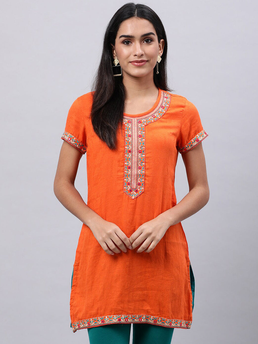 Souchii Orange Floral Embroidered Mirror Work Mirror Work Kurti - Distacart