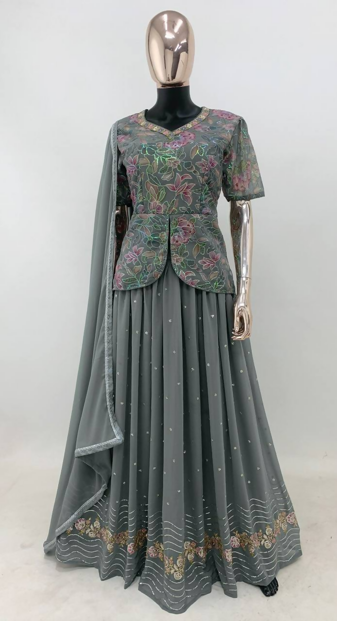 Lorenvalley Fashion Grey Faux Georgette Embroidery with Sequince Work Salwar Lehenga Stitched