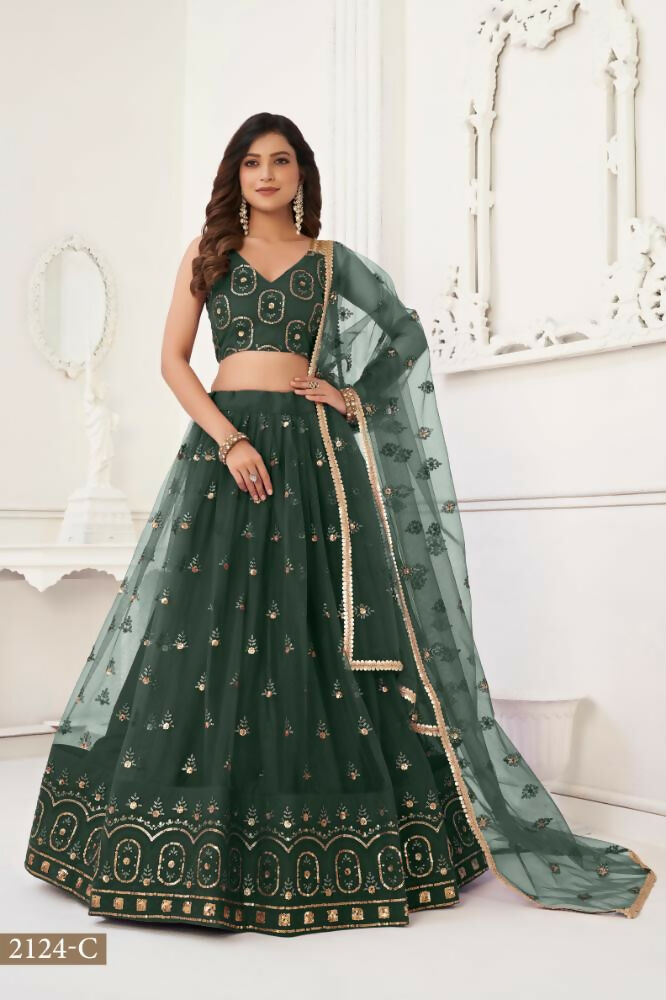 Aastha Fashion Dark Green Butterfly Net Tone To Tone Thread Work And Sandwich Sequence Work Embroidery Wedding Wear Lehenga Choli