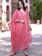 Sangria Pink Bandhani Printed Pure Cotton Angrakha Kurta With Trousers & Dupatta