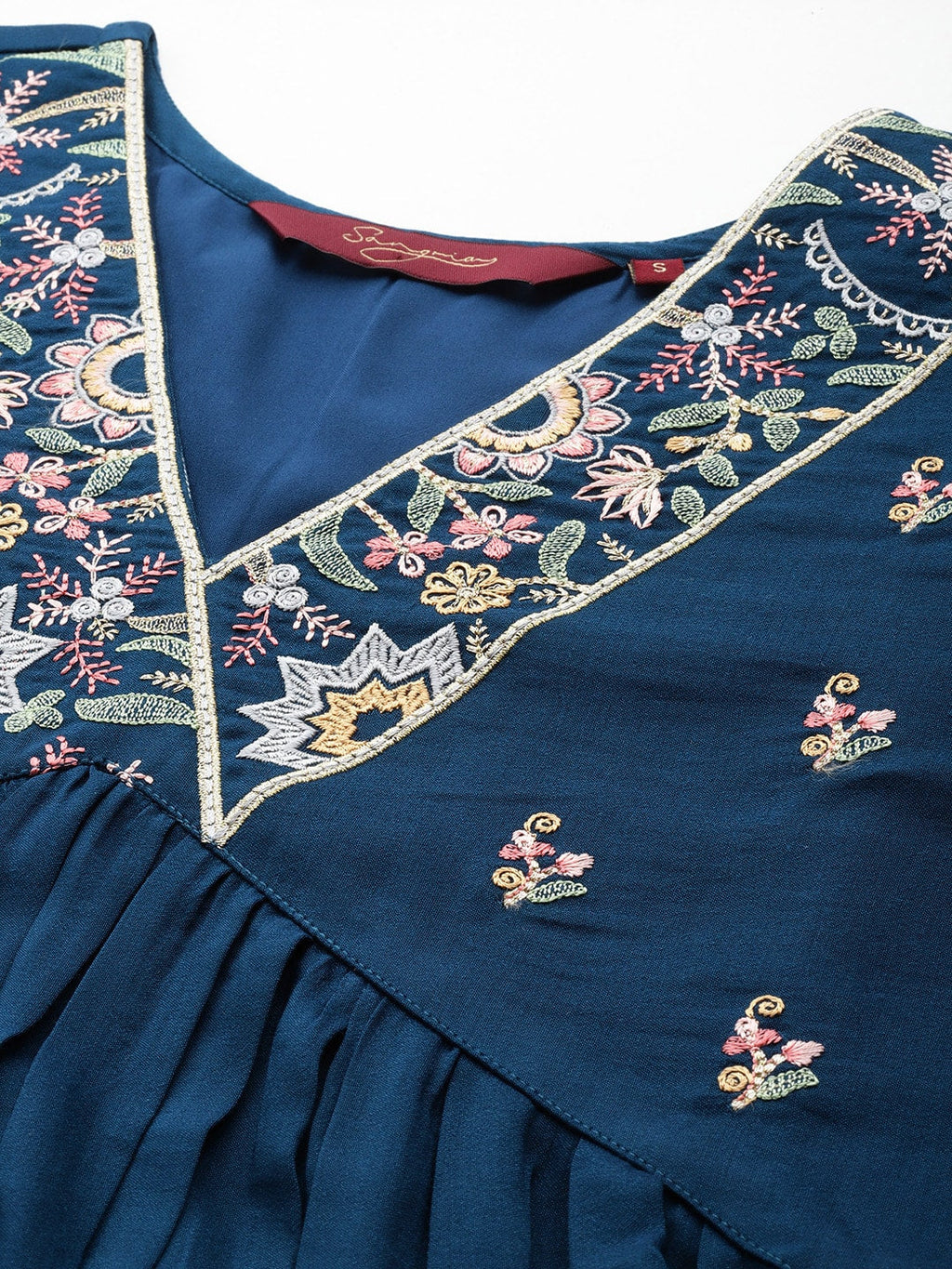 Sangria Floral Embroidered Empire Thread Work Kurta With Palazzos & Dupatta