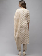 Yufta Women Beige & Green Ethnic Motifs Printed Cotton Kurta with Trouser With Dupatta