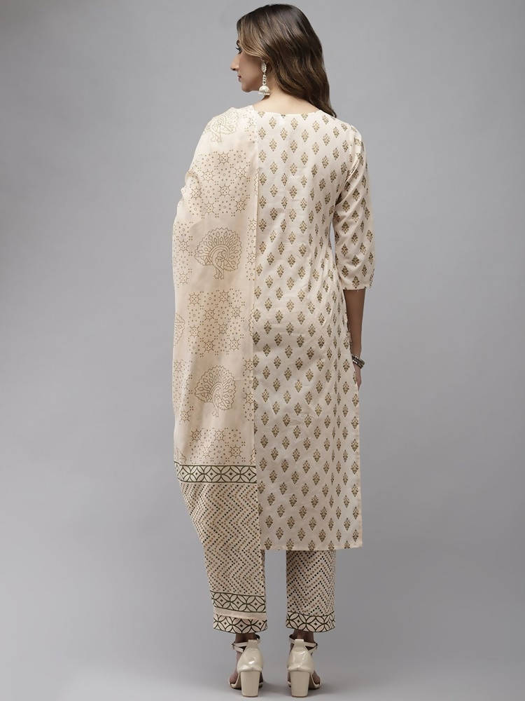 Yufta Women Beige & Green Ethnic Motifs Printed Cotton Kurta with Trouser With Dupatta
