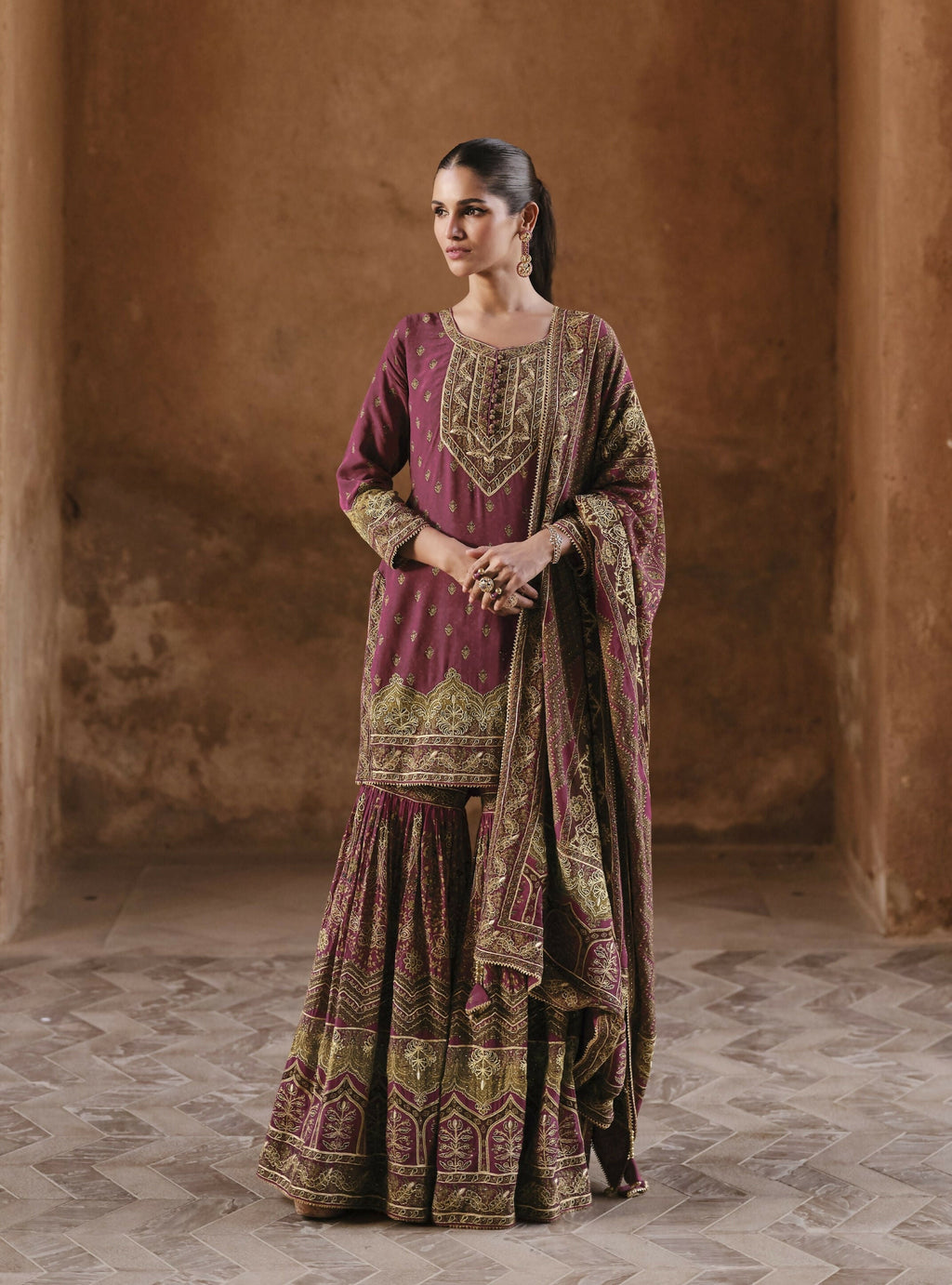 Anaita Maroon Silk Readymade Palazzo Suit with Swarovski Work - Distacart