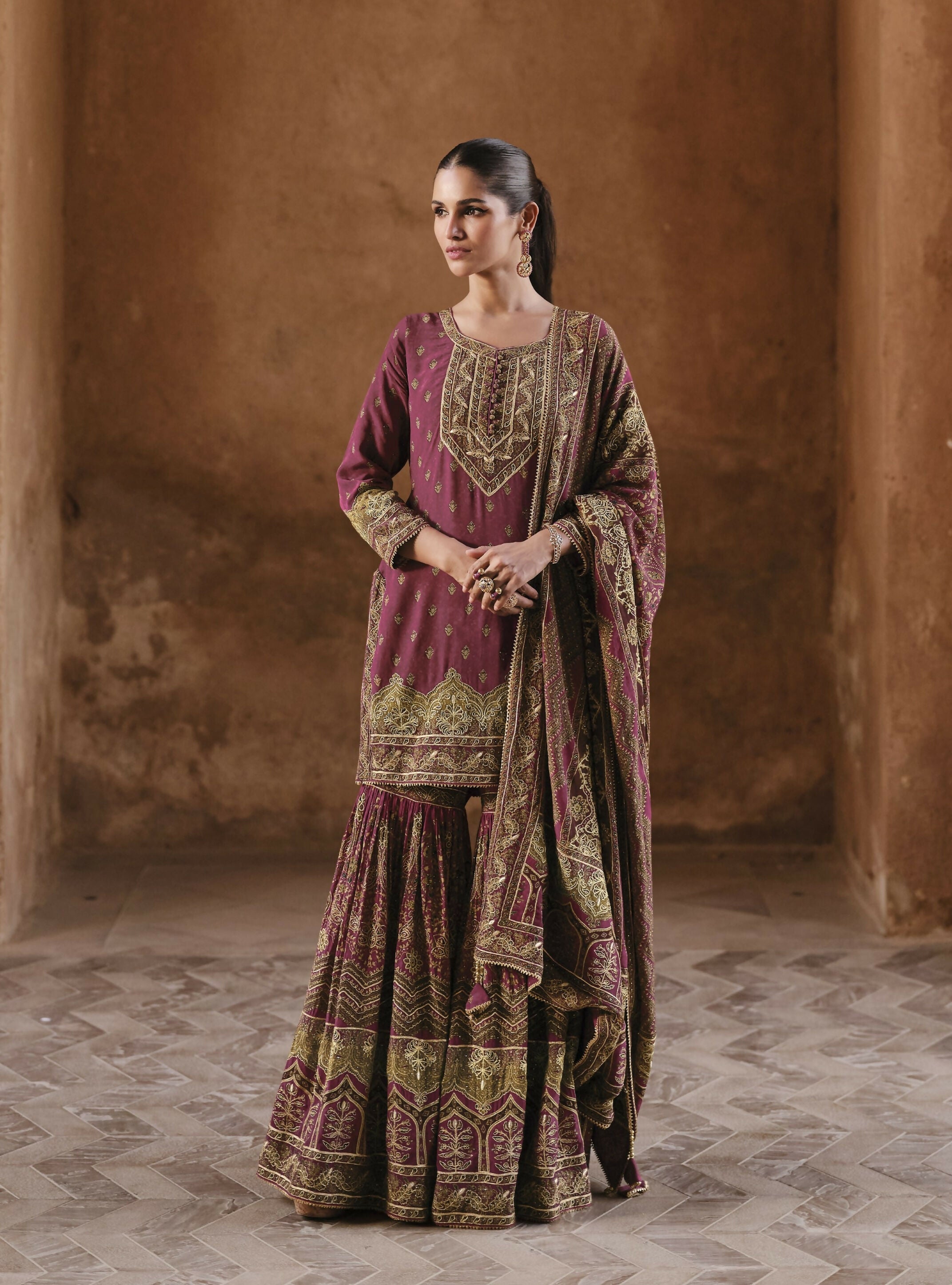Anaita Maroon Silk Readymade Palazzo Suit with Swarovski Work - Distacart