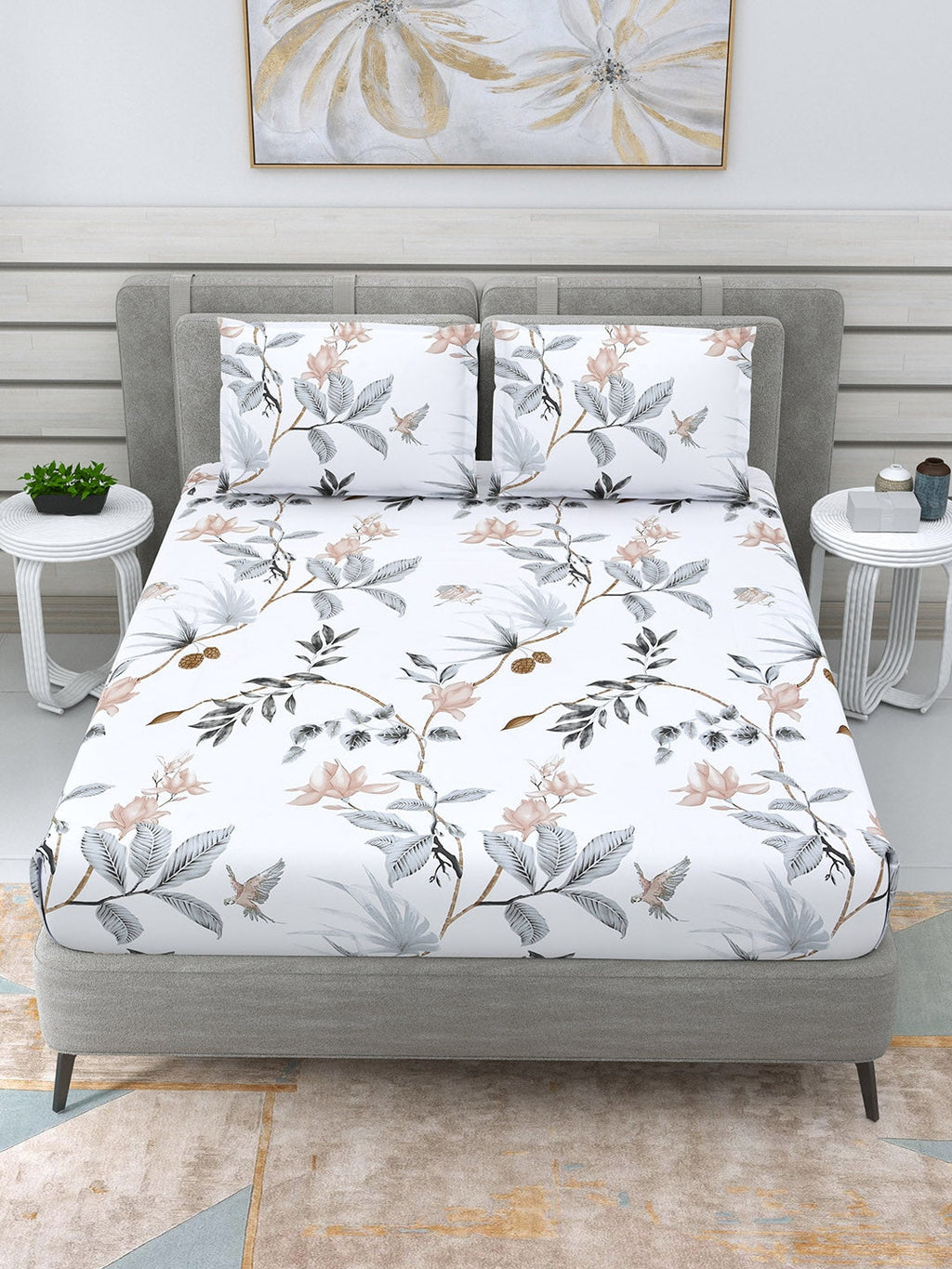 DREAM WEAVERZ White & Grey Floral 220 TC Cotton 1 Double Bedsheet with 2 Pillow Covers