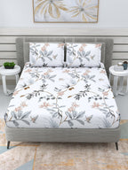 DREAM WEAVERZ White & Grey Floral 220 TC Cotton 1 Double Bedsheet with 2 Pillow Covers