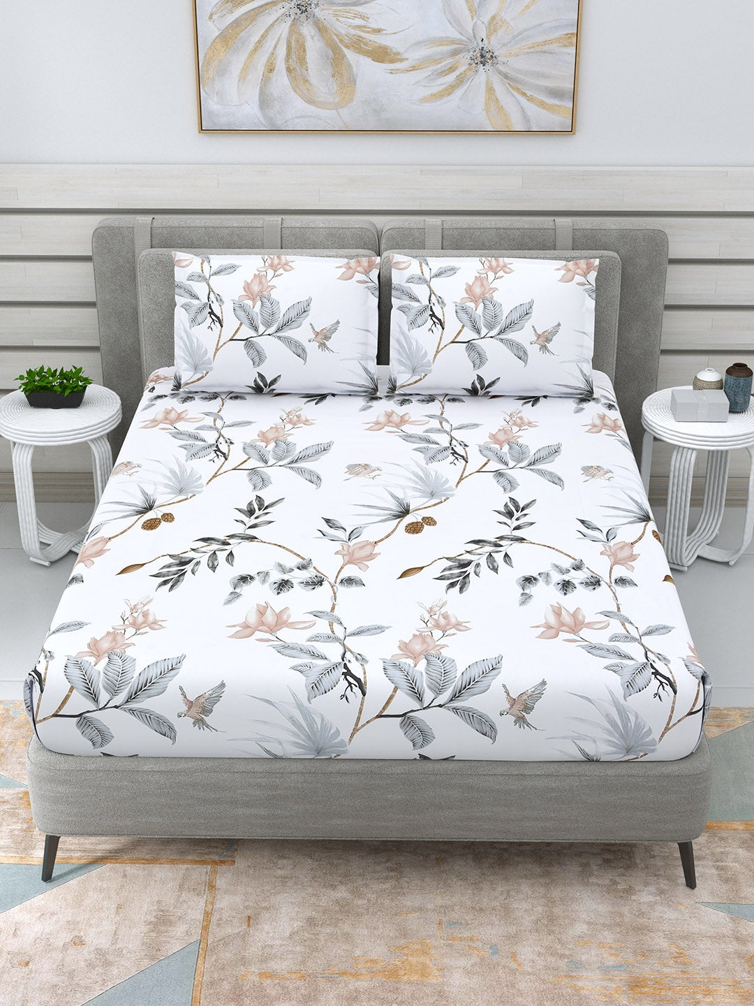 DREAM WEAVERZ White & Grey Floral 220 TC Cotton 1 Double Bedsheet with 2 Pillow Covers