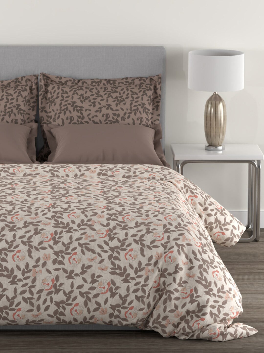 MYTRIDENT Brown White Floral Cotton 144 TC Queen Bedsheet With 2 Pillow Covers