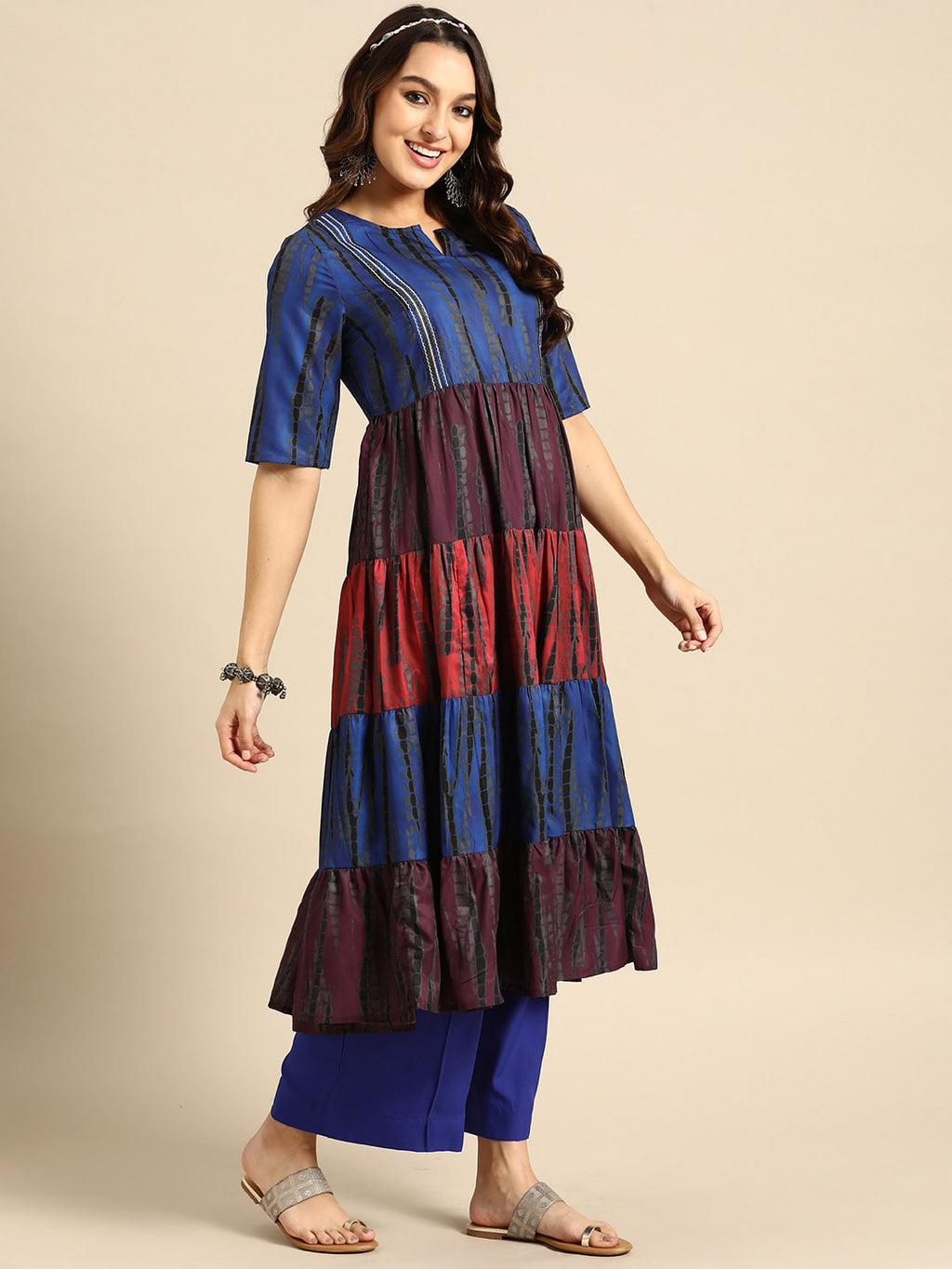 Sangria Women Dyed Tiered Kurta with Palazzos