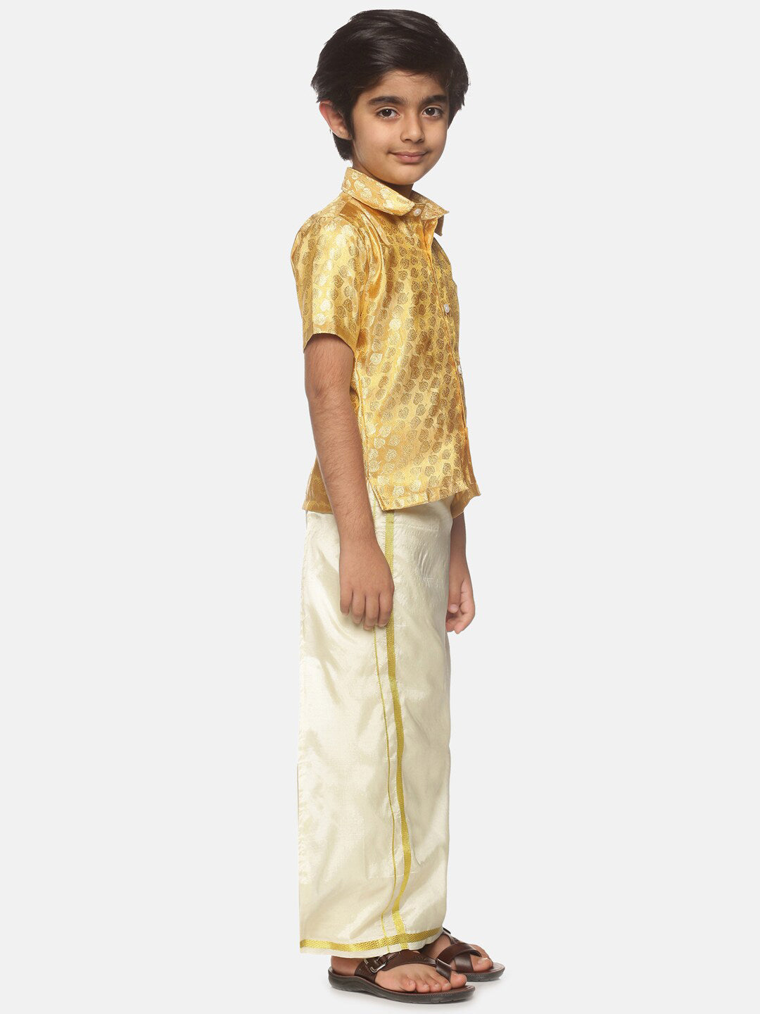 Sethukrishna Boys Gold-Toned Self Design Shirt with Dhoti