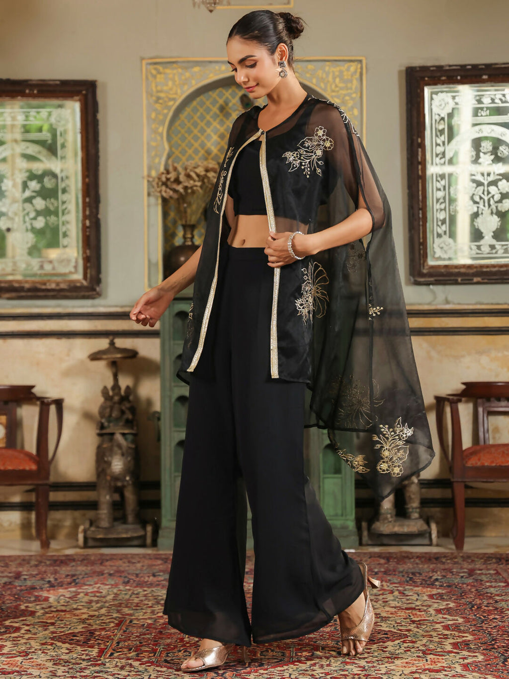 Janasya Black Georgette Solid Top Bottom Cape
