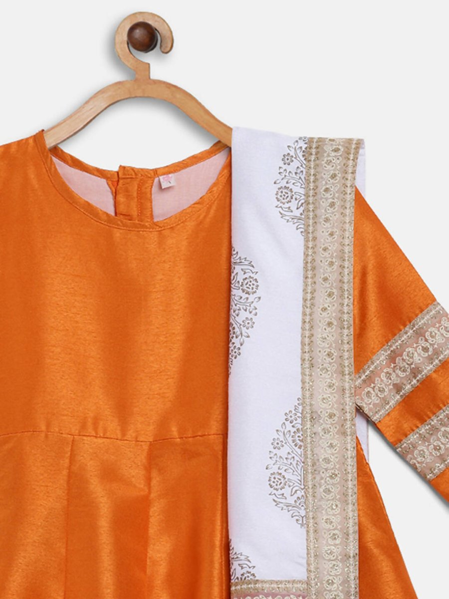 Ahalyaa Orange Poly Silk Anarkali Kids Kurta With Dupatta Set For Girls