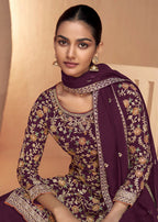 Wine Real Chinnon Embroidered Wedding Festive Palazzo Suit - Emponline