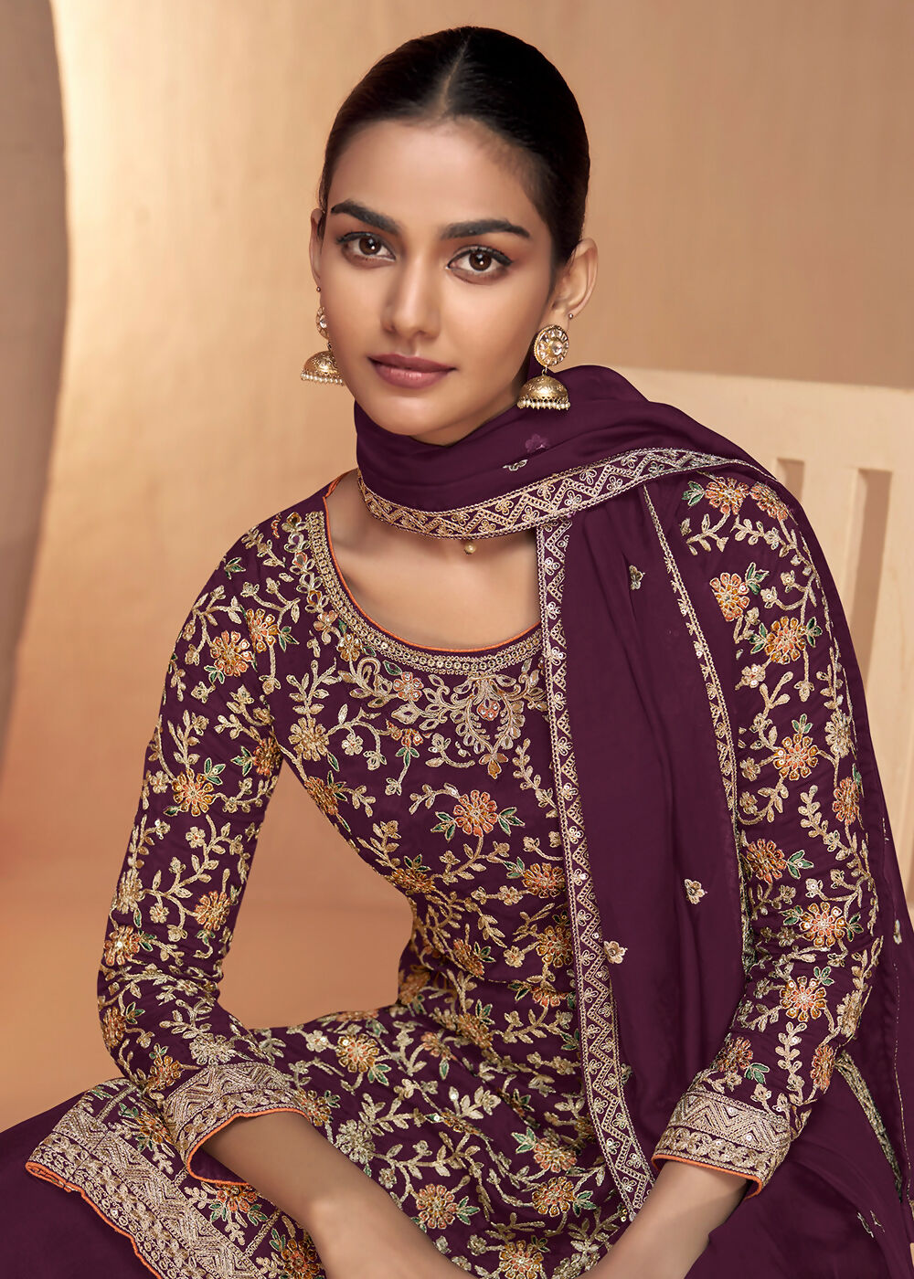 Wine Real Chinnon Embroidered Wedding Festive Palazzo Suit - Emponline