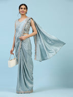 Sky Blue Silk Satin Plain Ready to wear Saree with stitched Blouse - Vrinda