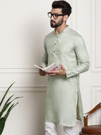 Sojanya Men Green & Beige Ethnic Motifs Jacquard Woven Design Straight Kurta